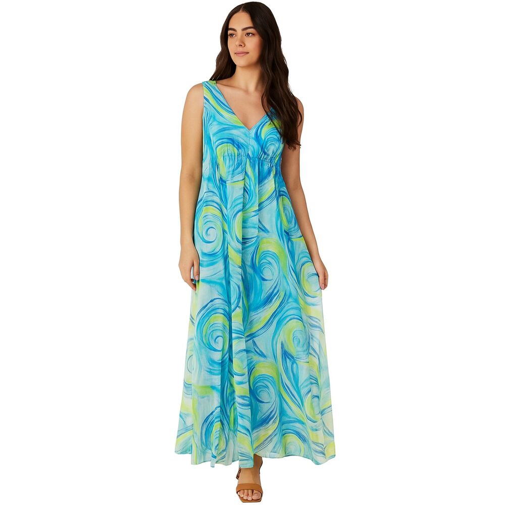 2/$150 Vintage 1960s Lord & Taylor Blue and Green Swirl Maxi Dress EUC